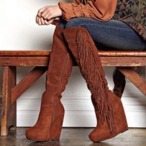 Steve Madden Badgess Fringe Brown Knee High Boots